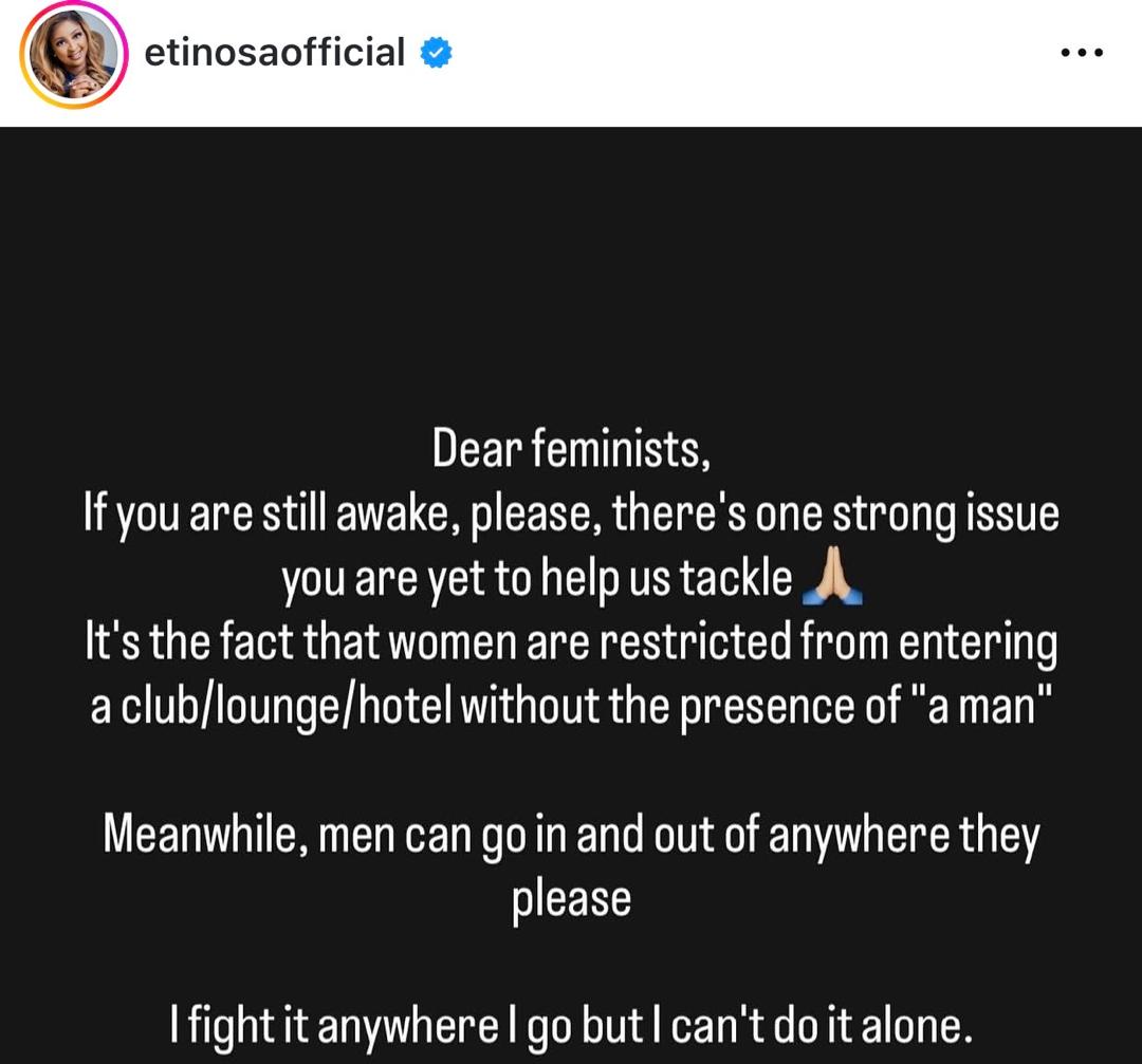 It?s sickening - Actress Etinosa decries rate at which women unaccompanied by men are refused access into clubs/bars/hotels